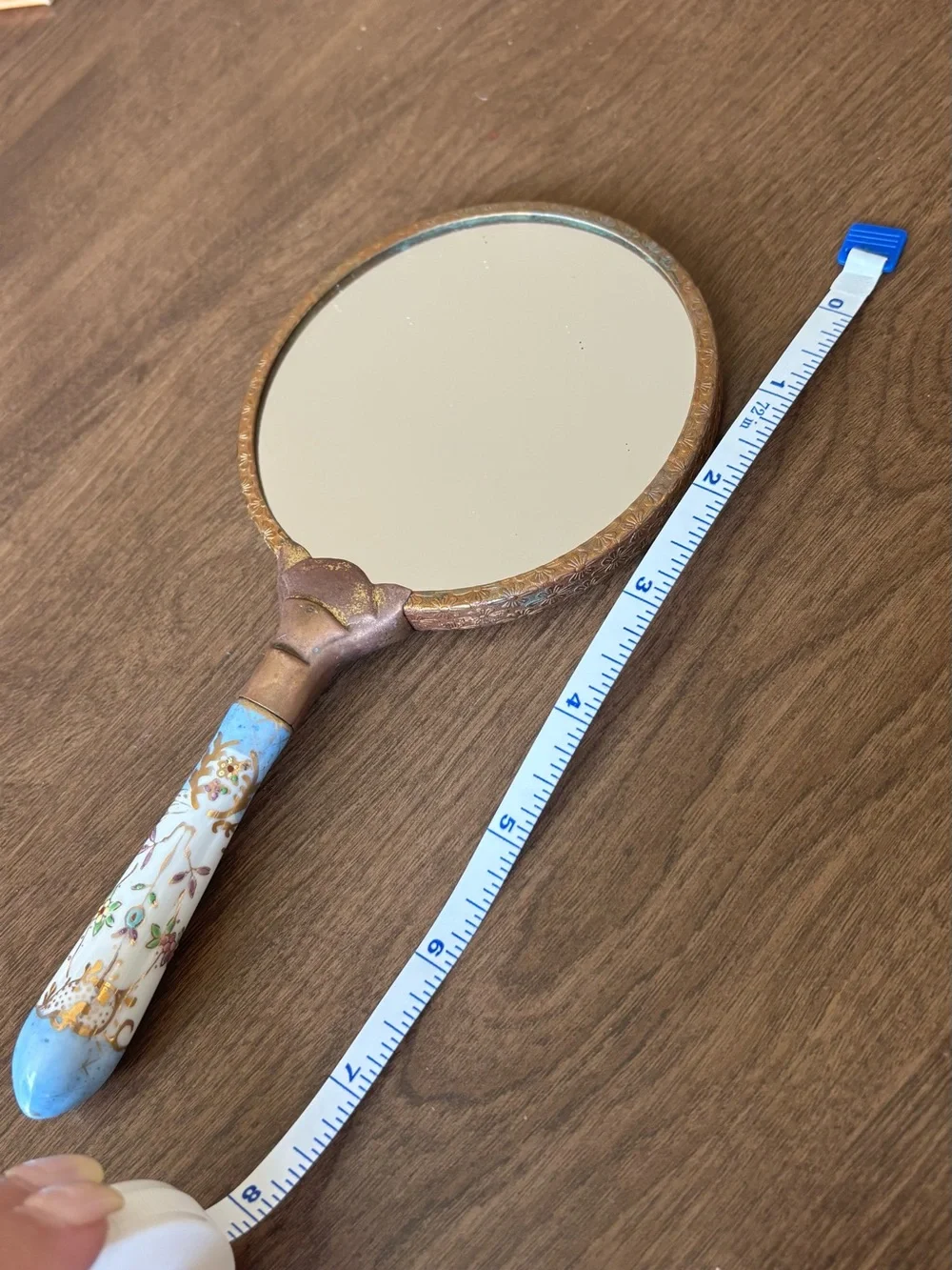 Vintage Hand Mirror with Blue Floral Porcelain Handle